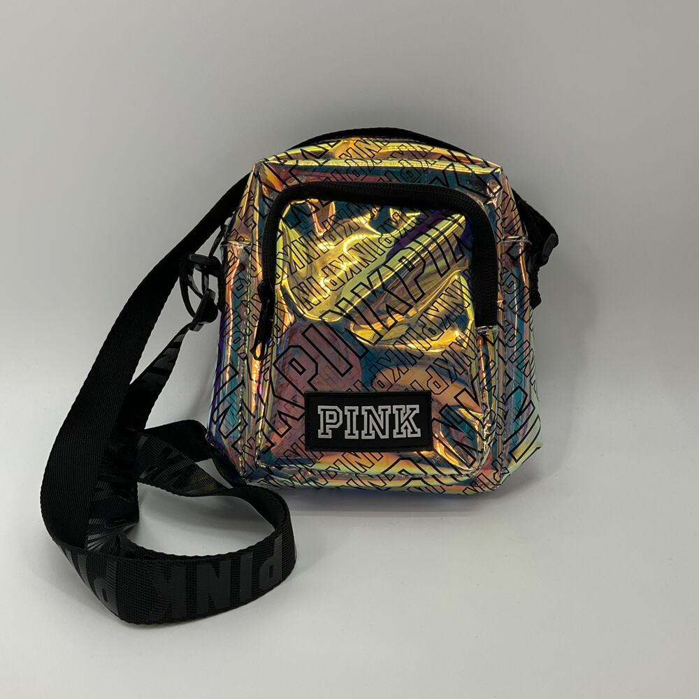 PINK Mini Crossbody Backpack Holographic Clear Logo Strap Festival Streetwear
